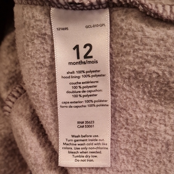 Carter's Gray Kids Jacket, adjustable button closure, ears on hoodie, 12M, EUC - Picture 5 of 6